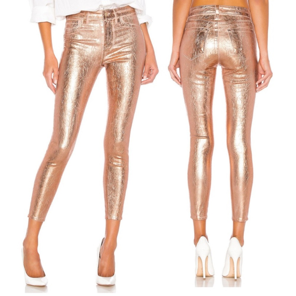 LAGENCE Metallic Rose Gold Margot High Rise Skinny Petal Coated Pink 26